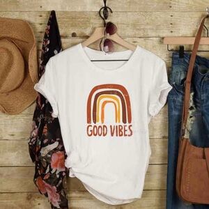 White 'Good Vibes' Rainbow T-Shirts matching adult and child